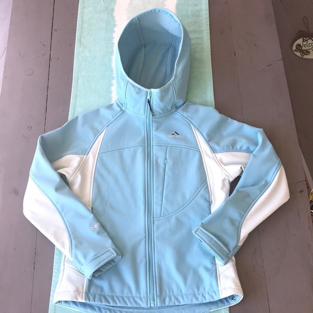 Denali Hooded Softshell Jacket Blue White Zip Fleece Panel S